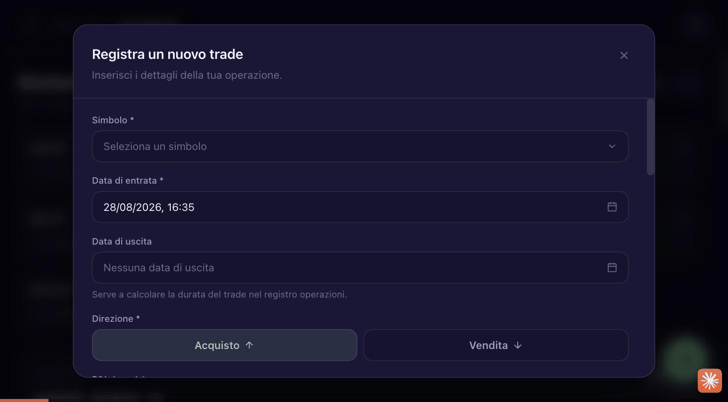 Demo: come aggiungere un nuovo trade su Tradecenter, dal simbolo ai tag Errore/Setup/Morning routine